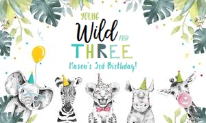 Backdrop Banner Party Animals Young Wild and Three Boy design preview