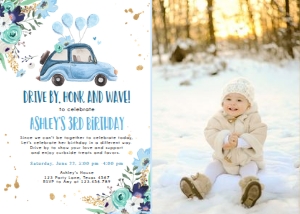 Birthday Invitation Drive By Blue Floral Car - Photo design preview