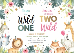 Birthday Invitation Safari Animals Party Hats Girl Dual Birthday Wild One Two Wild design preview