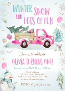 Birthday Invitation Winter Truck Pink 2 design preview