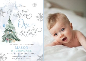 Birthday Invitation Winter Onederland Tree Grey - Photo design preview