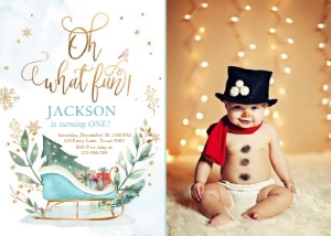 Birthday Invitation Oh What Fun Sleigh Blue - Photo design preview