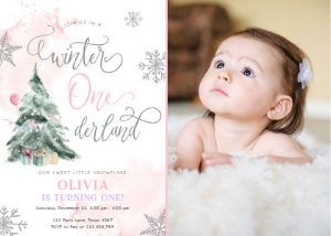 Birthday Invitation Winter Onederland Tree Pink - With Photo design preview