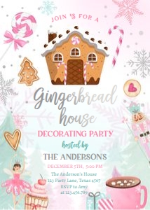 Invitation Gingerbread House Decorating Party Pink Silver design preview