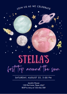 Invitation Space Planets Girl First Trip Dark design preview