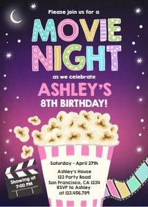 Birthday Invitation Movie Night Popcorn Girl design preview