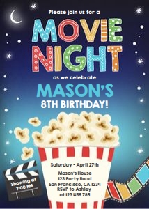 Birthday Invitation Movie Night Popcorn Boy design preview