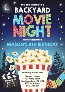 Birthday Invitation Backyard Movie Night Popcorn Boy design preview