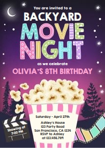 Birthday Invitation Backyard Movie Night Popcorn Girl design preview