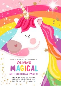 Birthday Invitation Unicorn Rainbow Pink Bright design preview