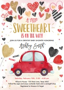 Baby Shower Invitation Drive By Hearts Black Red design preview