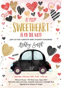 Baby Shower Invitation Drive By Hearts Black design preview