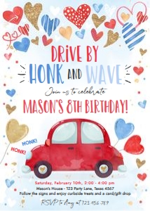Birthday Invitation Drive By Hearts Blue Red design preview