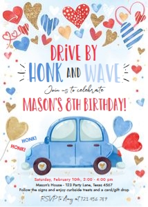 Birthday Invitation Drive By Hearts Blue design preview