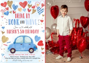 Birthday Invitation Drive By Hearts Blue Photo design preview
