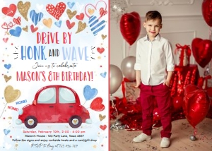 Birthday Invitation Drive By Hearts Blue Red Photo design preview