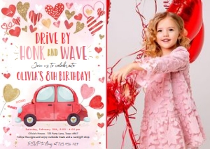 Birthday Invitation Drive By Hearts Pink Photo design preview