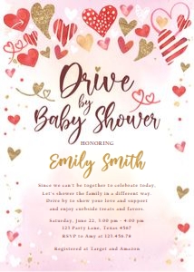 Baby Shower Invitation Drive By Hearts Gold Red design preview