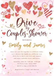 Couples Shower Invitation Drive By Hearts Gold Red design preview