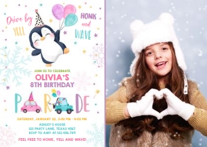 Birthday Invitation Drive By Penguin Photo design preview
