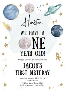 Invitation Space Planets Boy Houston One Year White v3 design preview