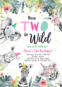 Birthday Invitation Born Two Be Wild Animals Black and White Pink Vertical design preview