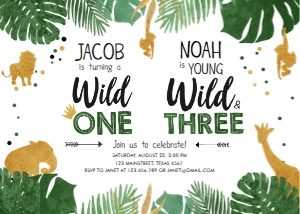 Birthday Invitation Safari Animals Jungle Wild One Young Wild and Three Boys Combined design preview