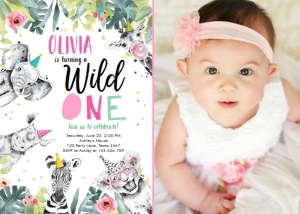 Birthday Invitation Wild One Animals Black and White Pink Vertical Photo design preview