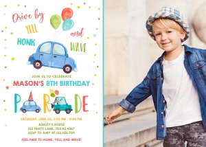 Birthday Invitation Drive By Car Balloons Blue Photo design preview