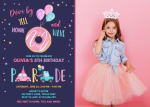 Birthday Invitation Drive By Donut Balloons Pink Dark Photo design preview