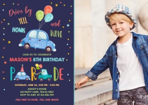 Birthday Invitation Drive By Car Balloons Blue Dark Photo design preview