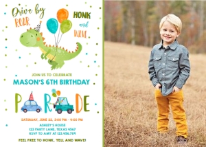 Birthday Invitation Drive By Dinosaur Vertical Photo design preview