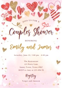 Couples Shower Invitation Hearts Gold Red design preview