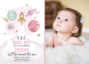 Invitation Space Planets Space Ship Blast Off Girl White - With photo design preview