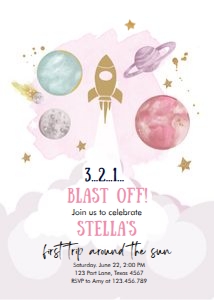 Invitation Space Planets Space Ship Blast Off Girl White design preview