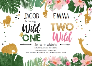 Birthday Invitation Safari Animals Jungle Wild One Two Wild Boy Girl Combined design preview