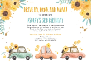 Birthday Invitation Drive By Yellow Floral Cars Horizontal design preview