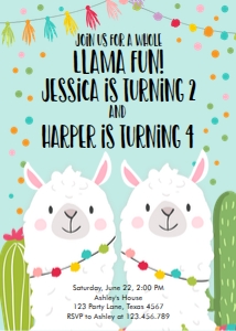 Birthday Invitation Llama Twins Blue v2 design preview