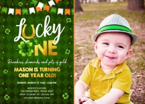 Birthday Invitation Lucky One Orange Green Photo design preview