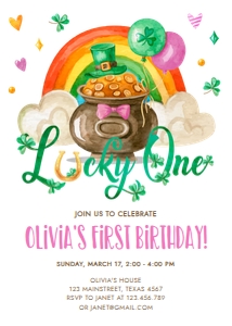 Birthday Invitation St Patricks Day Watercolor Lucky One Girl design preview