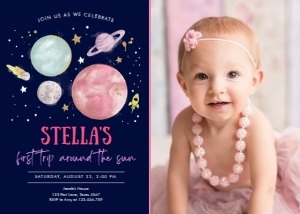 Invitation Space Planets Girl First Trip Dark Photo design preview