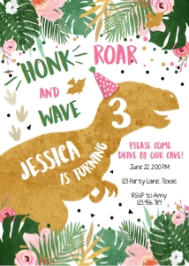 Birthday Invitation Dinosaur T-Rex Girl Drive By Vertical design preview