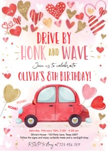 Birthday Invitation Drive By Hearts Pink design preview