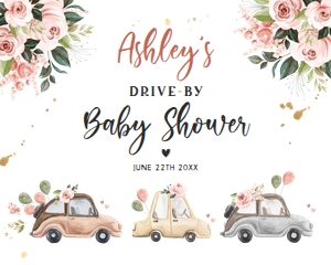 Baby Shower Welcome Sign Drive By Neutral Floral Cars 16x20 design preview