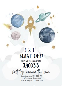 Invitation Space Planets Space Ship Blast Off Boy White design preview
