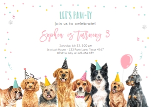 Birthday Invitation Pawty Dogs Horizontal Pink design preview