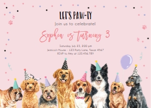 Birthday Invitation Pawty Dogs Horizontal Pink Background design preview