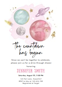 Baby Shower Drive By Invitation Space Planets Countdown Girl White design preview