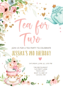 Birthday invitation Tea for Two White Vertical V3 design preview