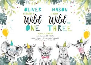 Birthday Invitation Party Animals Combined Boy Wild One Wild and Three design preview